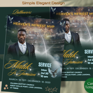 Elegant green and gold funeral program template featuring a photo of the deceased , memorial doves, and soft tribute accents. Includes date of birth and death, church name, service address, ceremony time, and the wording ‘Heaven’s Newest MVP.’ This photo-rich Celebration of Life obituary layout is simple, modern, and perfect for creating a meaningful memorial keepsake.”
