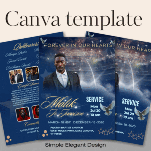 Elegant blue funeral memorial cards feature a photo of the deceased phot, doves. The cards include service details: date, time, location (Pilgrim Baptist Church), and contact information. Additional text includes 'Forever in Our Hearts' and lists pallbearers. The design is simple and elegant