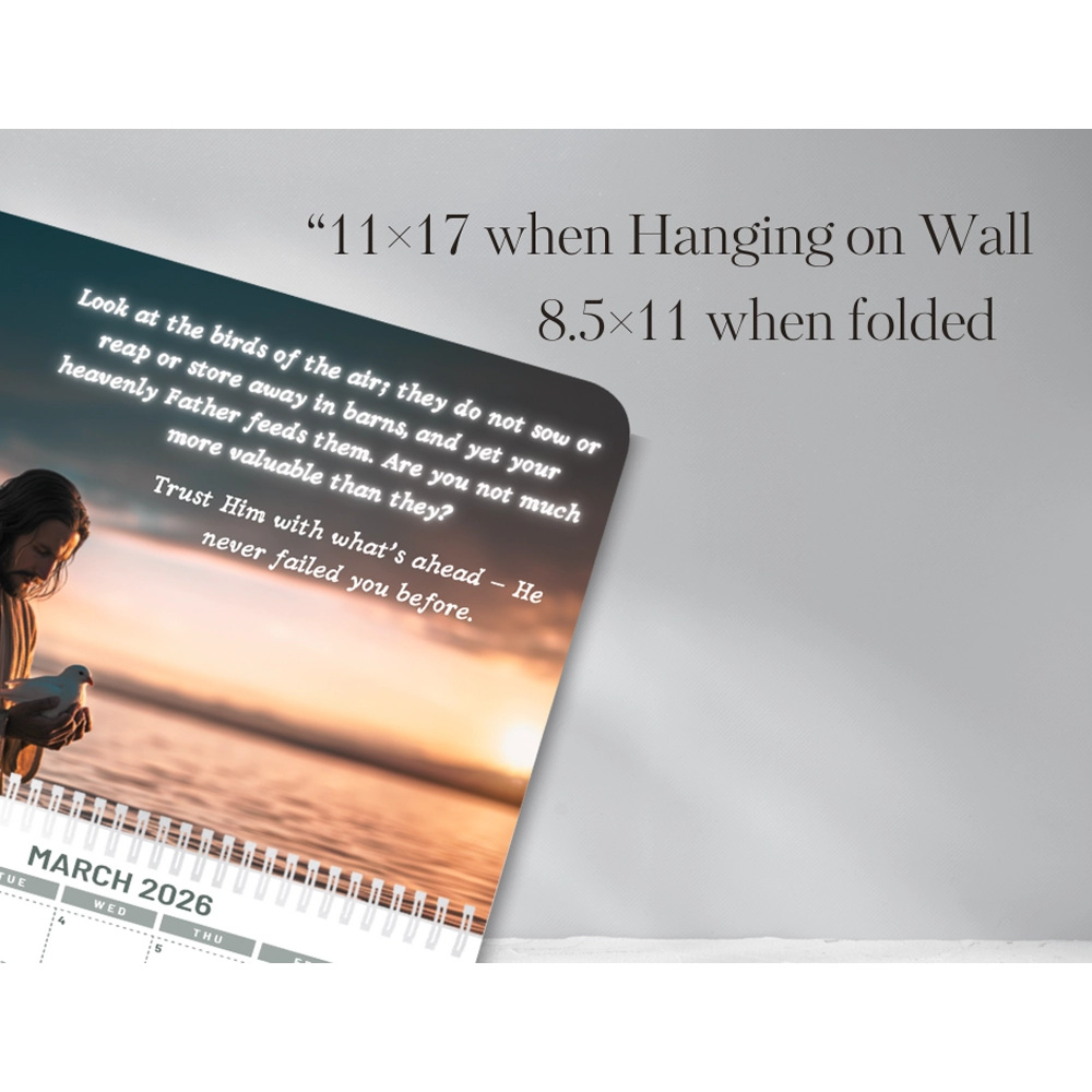 christian hanging wall calendar · jesus scenes & scripture, "11×8.5" folded "11×17" unfolded